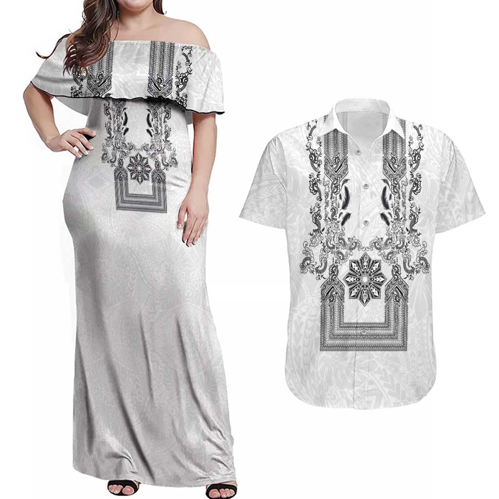 Philippines Barong Style Couples Matching Off Shoulder Maxi Dress and Hawaiian Shirt with Polynesian Art and Leaf Motif Black-White Color