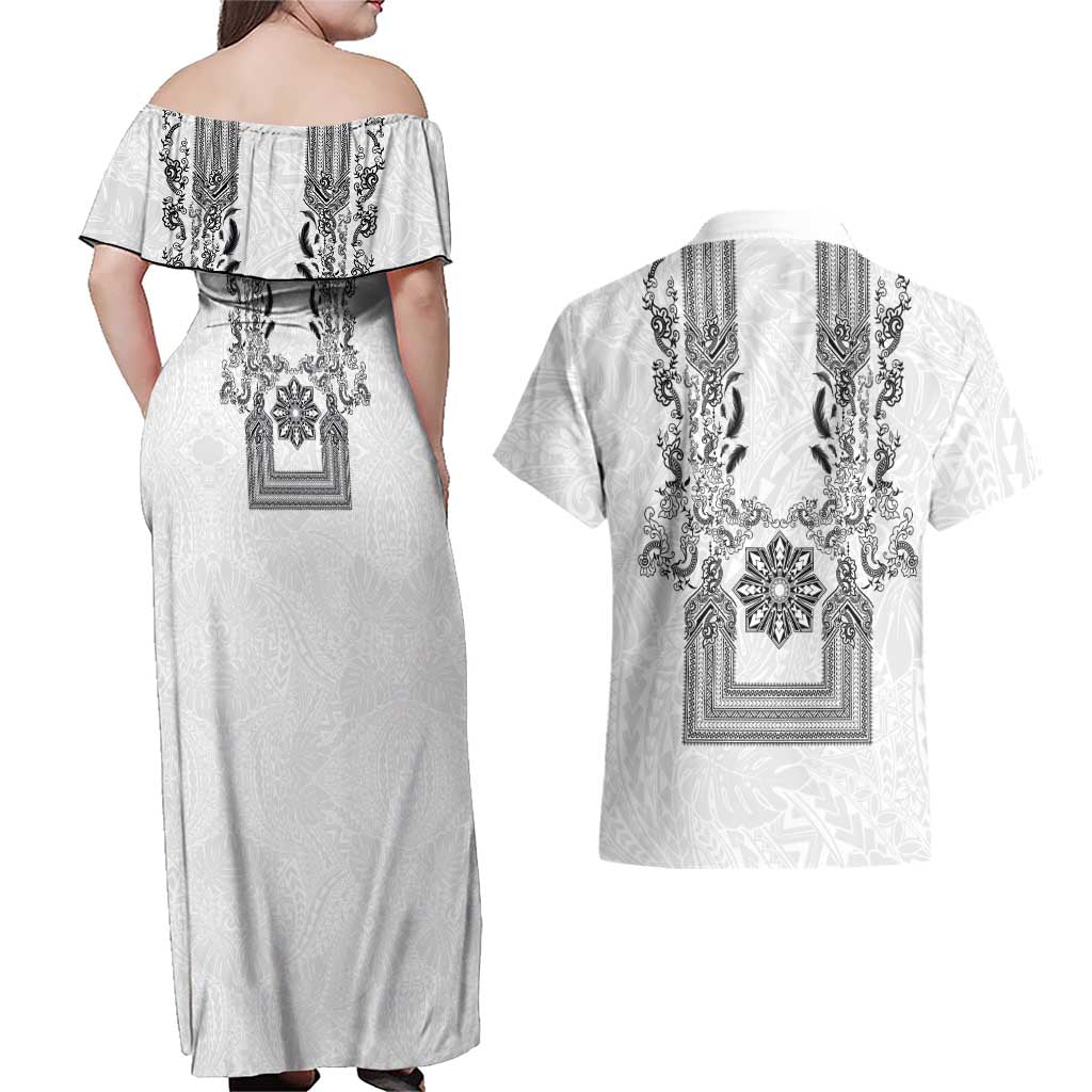 Philippines Barong Style Couples Matching Off Shoulder Maxi Dress and Hawaiian Shirt with Polynesian Art and Leaf Motif Black-White Color