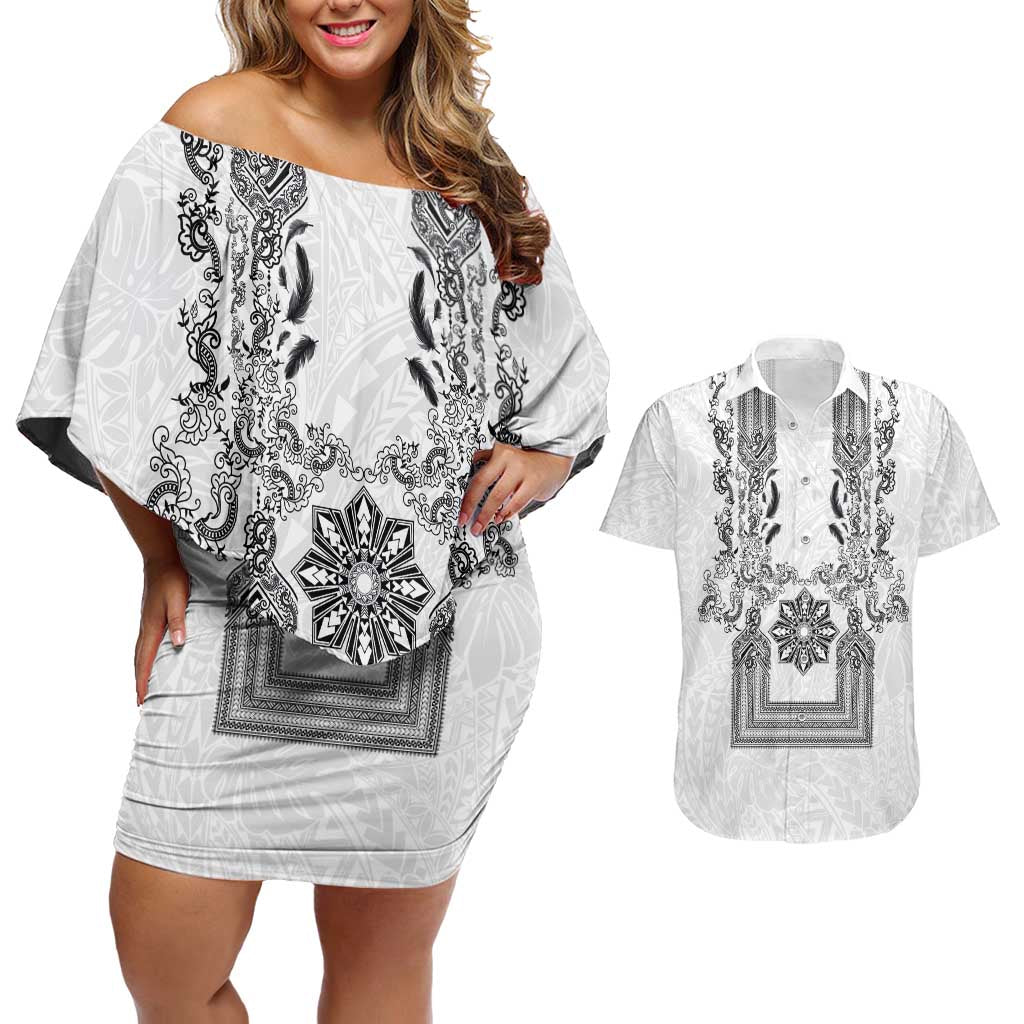 Philippines Barong Style Couples Matching Off Shoulder Short Dress and Hawaiian Shirt with Polynesian Art and Leaf Motif Black-White Color