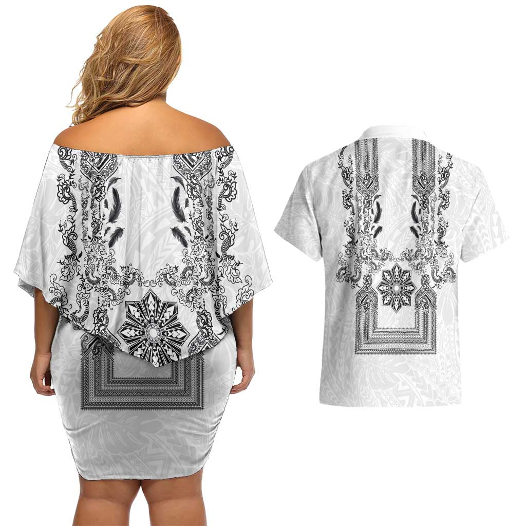 Philippines Barong Style Couples Matching Off Shoulder Short Dress and Hawaiian Shirt with Polynesian Art and Leaf Motif Black-White Color