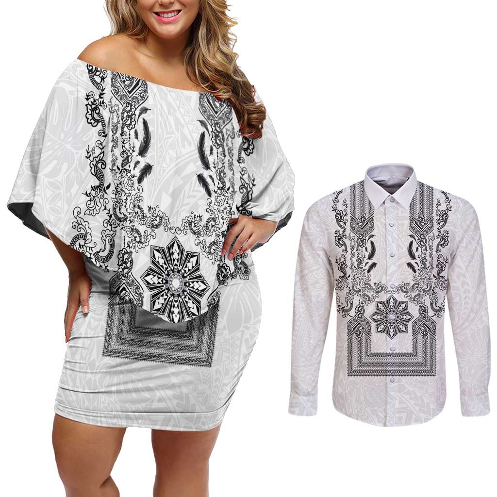 Philippines Barong Style Couples Matching Off Shoulder Short Dress and Long Sleeve Button Shirt with Polynesian Art and Leaf Motif Black-White Color