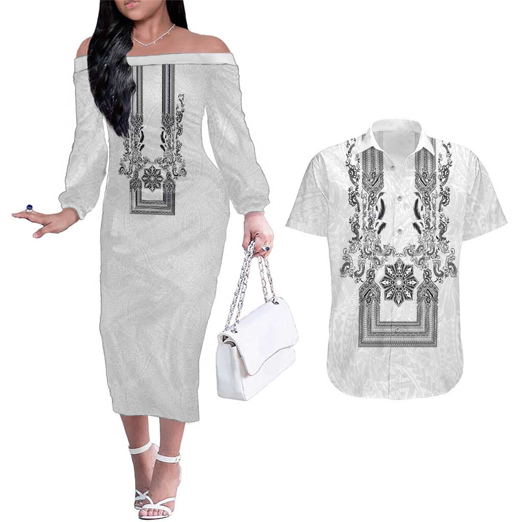Philippines Barong Style Couples Matching Off The Shoulder Long Sleeve Dress and Hawaiian Shirt with Polynesian Art and Leaf Motif Black-White Color