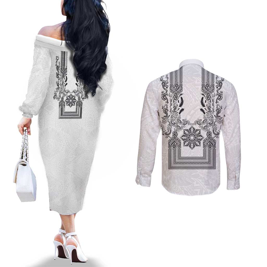 Philippines Barong Style Couples Matching Off The Shoulder Long Sleeve Dress and Long Sleeve Button Shirt with Polynesian Art and Leaf Motif Black-White Color