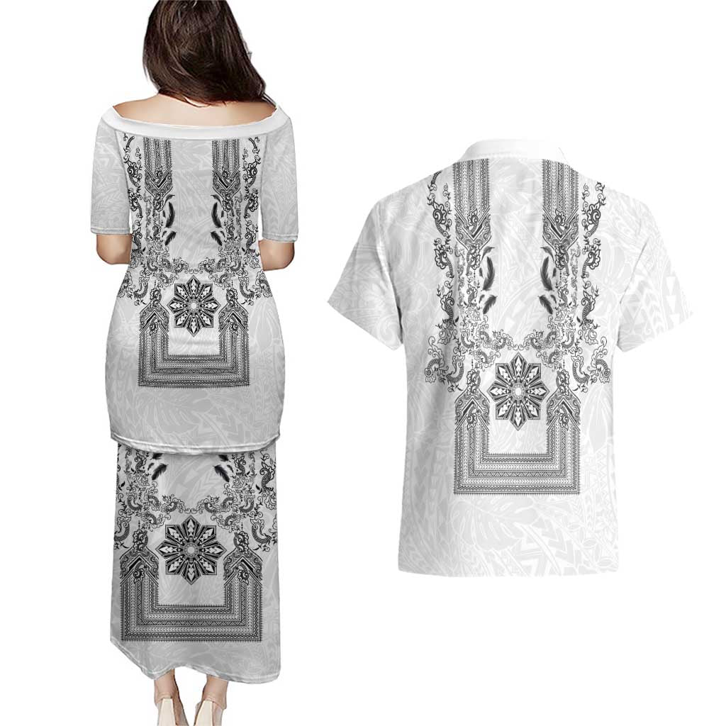 Philippines Barong Style Couples Matching Puletasi and Hawaiian Shirt with Polynesian Art and Leaf Motif Black-White Color LT03 - Polynesian Pride