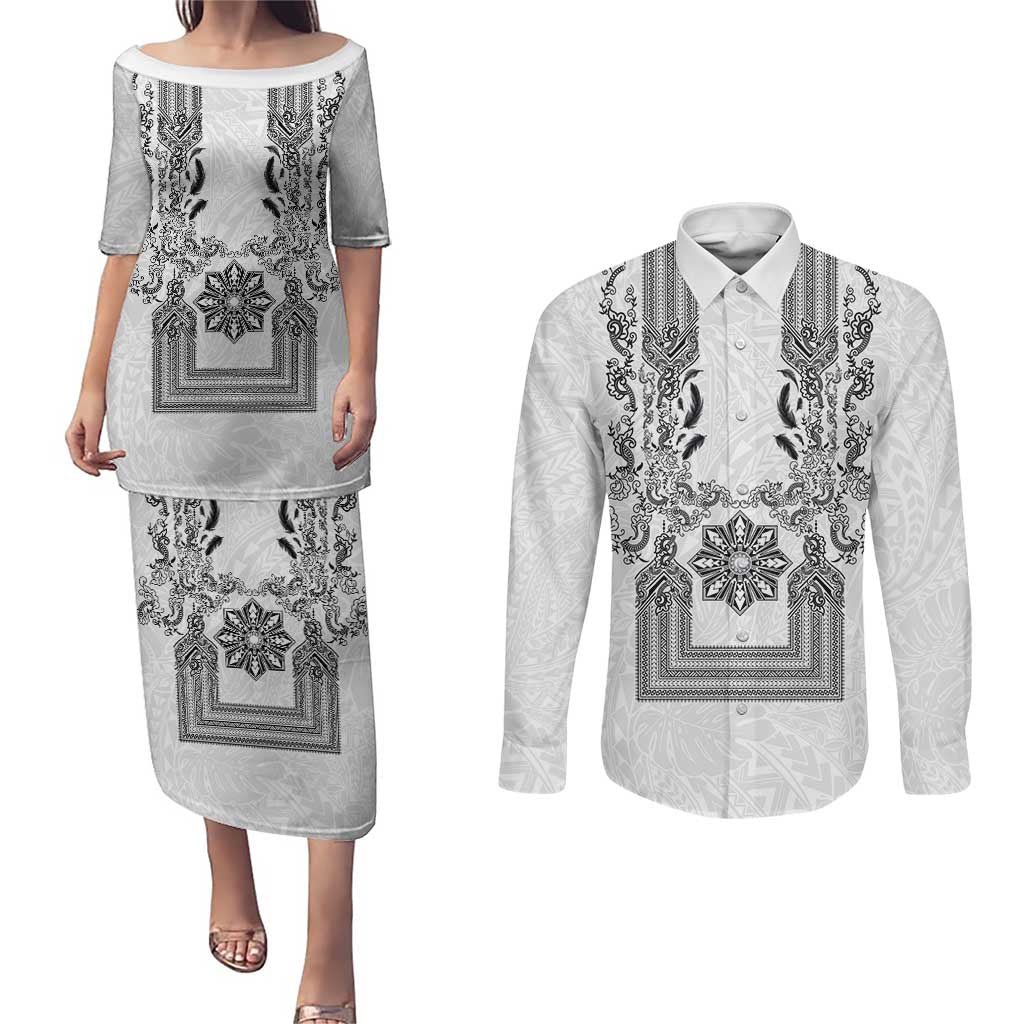 Philippines Barong Style Couples Matching Puletasi and Long Sleeve Button Shirt with Polynesian Art and Leaf Motif Black-White Color