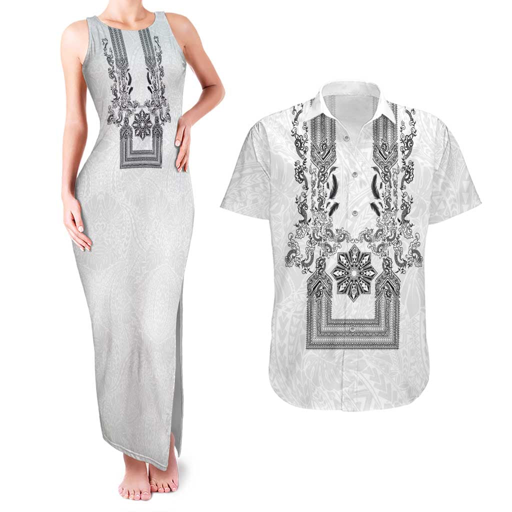 Philippines Barong Style Couples Matching Tank Maxi Dress and Hawaiian Shirt with Polynesian Art and Leaf Motif Black-White Color