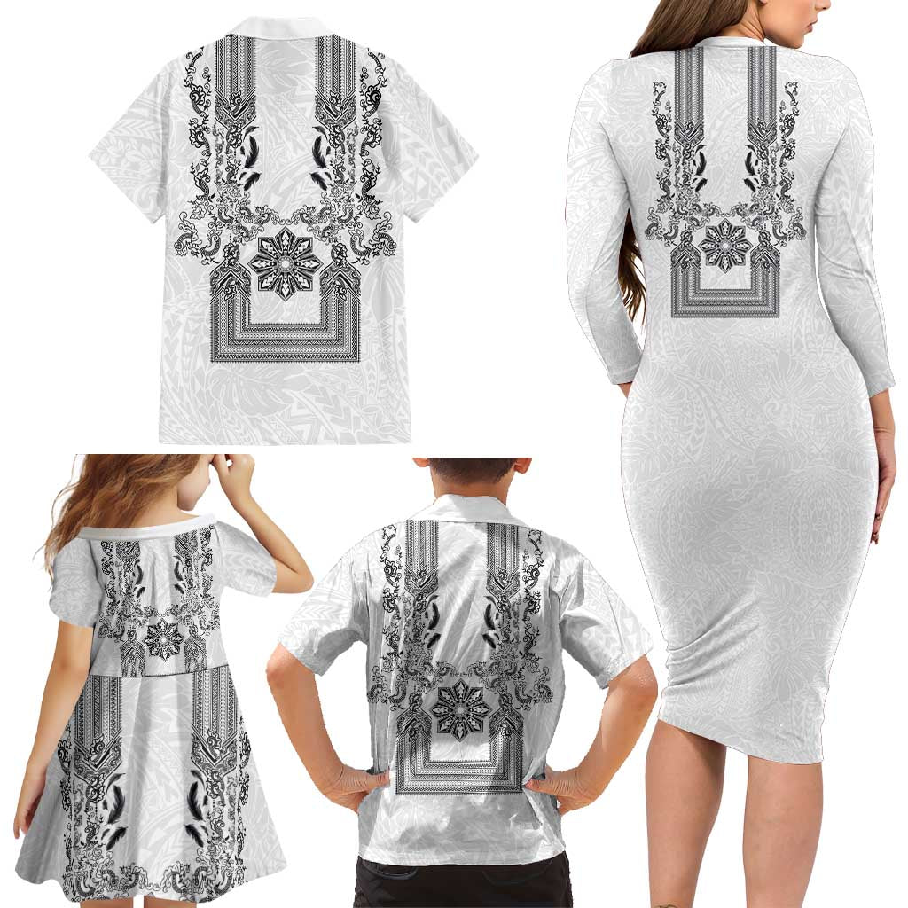 Philippines Barong Style Family Matching Long Sleeve Bodycon Dress and Hawaiian Shirt with Polynesian Art and Leaf Motif Black-White Color