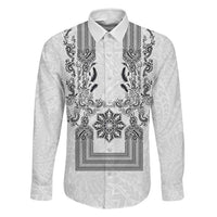 Philippines Barong Style Family Matching Long Sleeve Bodycon Dress and Hawaiian Shirt with Polynesian Art and Leaf Motif Black-White Color