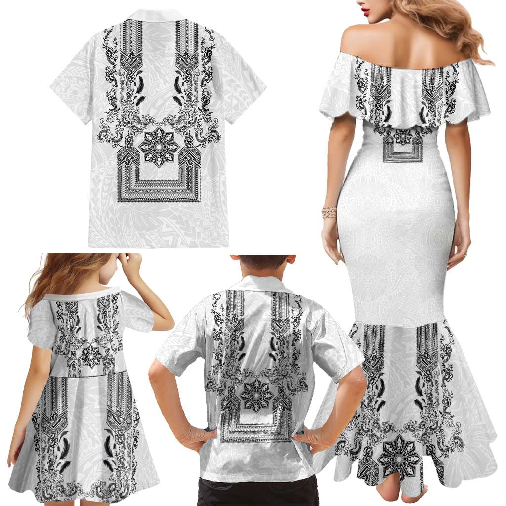 Philippines Barong Style Family Matching Mermaid Dress and Hawaiian Shirt with Polynesian Art and Leaf Motif Black-White Color