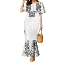 Philippines Barong Style Family Matching Mermaid Dress and Hawaiian Shirt with Polynesian Art and Leaf Motif Black-White Color