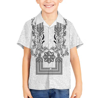 Philippines Barong Style Family Matching Mermaid Dress and Hawaiian Shirt with Polynesian Art and Leaf Motif Black-White Color