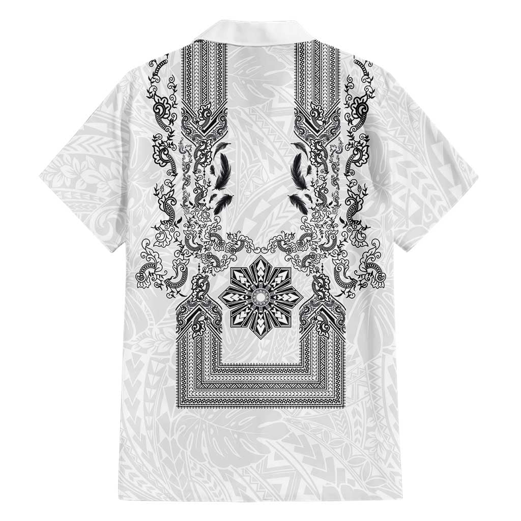 Philippines Barong Style Family Matching Off Shoulder Maxi Dress and Hawaiian Shirt with Polynesian Art and Leaf Motif Black-White Color