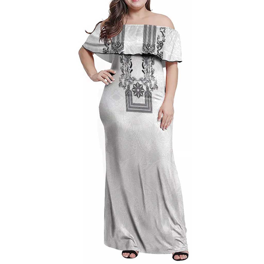 Philippines Barong Style Family Matching Off Shoulder Maxi Dress and Hawaiian Shirt with Polynesian Art and Leaf Motif Black-White Color