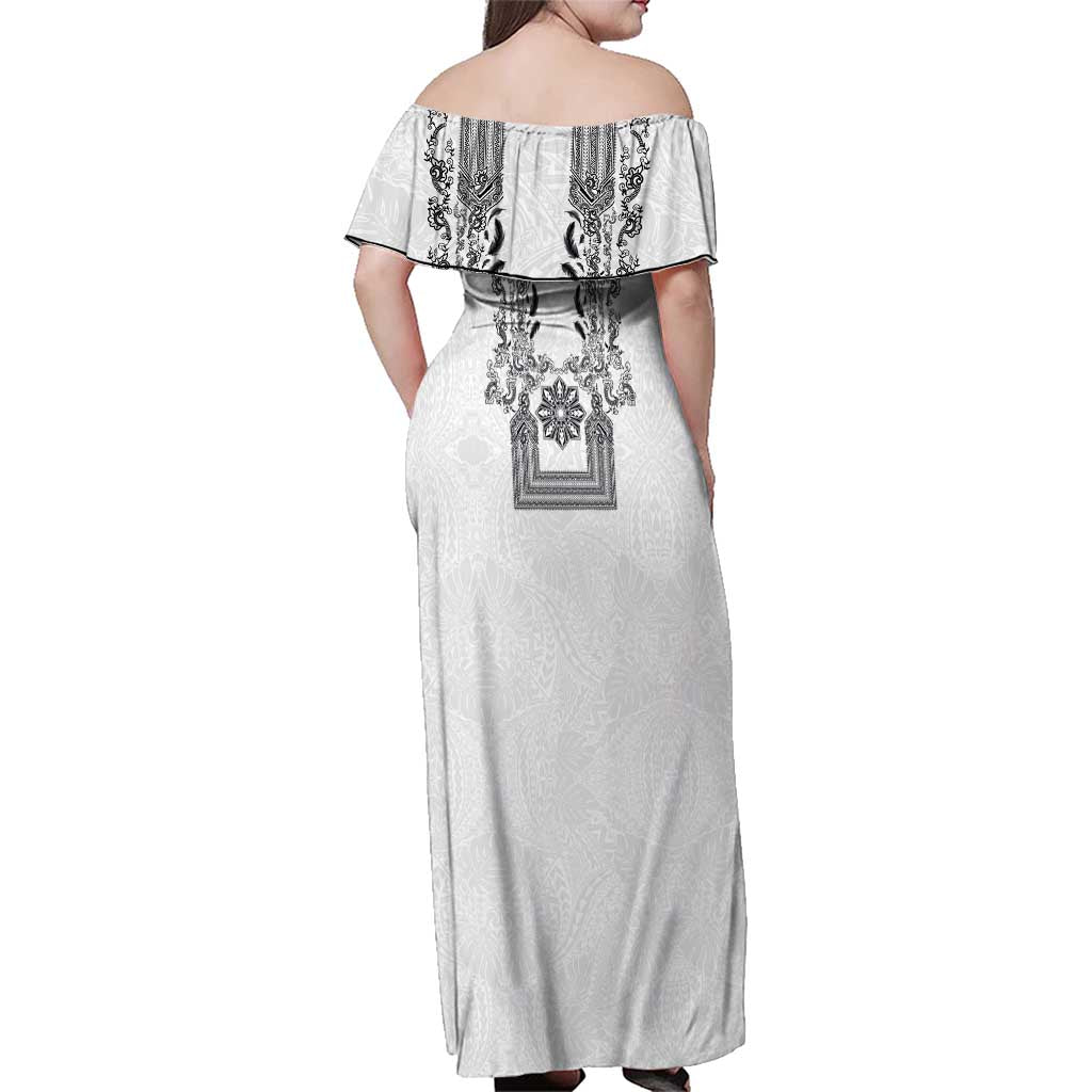 Philippines Barong Style Family Matching Off Shoulder Maxi Dress and Hawaiian Shirt with Polynesian Art and Leaf Motif Black-White Color