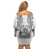 Philippines Barong Style Family Matching Off Shoulder Short Dress and Hawaiian Shirt with Polynesian Art and Leaf Motif Black-White Color
