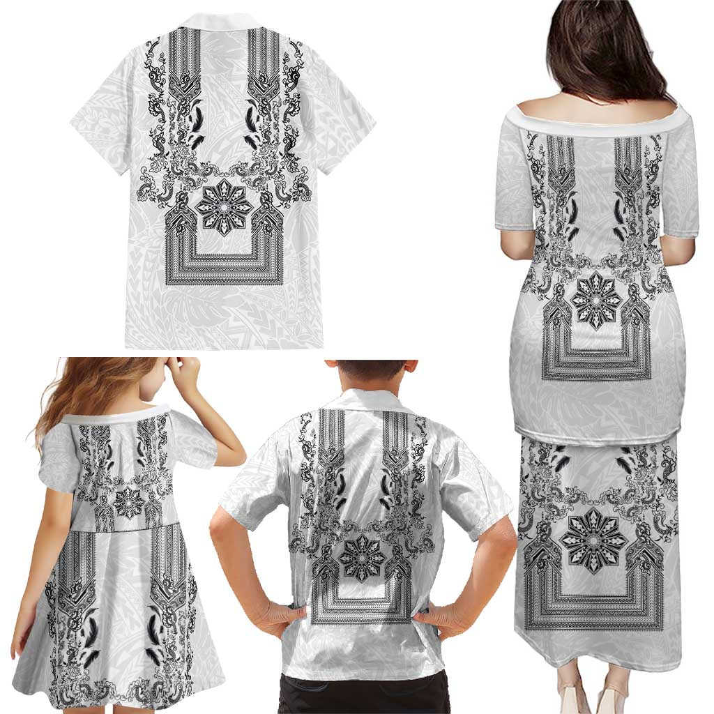 Philippines Barong Style Family Matching Puletasi and Hawaiian Shirt with Polynesian Art and Leaf Motif Black-White Color