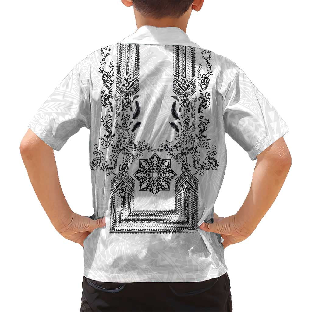 Philippines Barong Style Family Matching Short Sleeve Bodycon Dress and Hawaiian Shirt with Polynesian Art and Leaf Motif Black-White Color