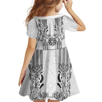 Philippines Barong Style Family Matching Short Sleeve Bodycon Dress and Hawaiian Shirt with Polynesian Art and Leaf Motif Black-White Color