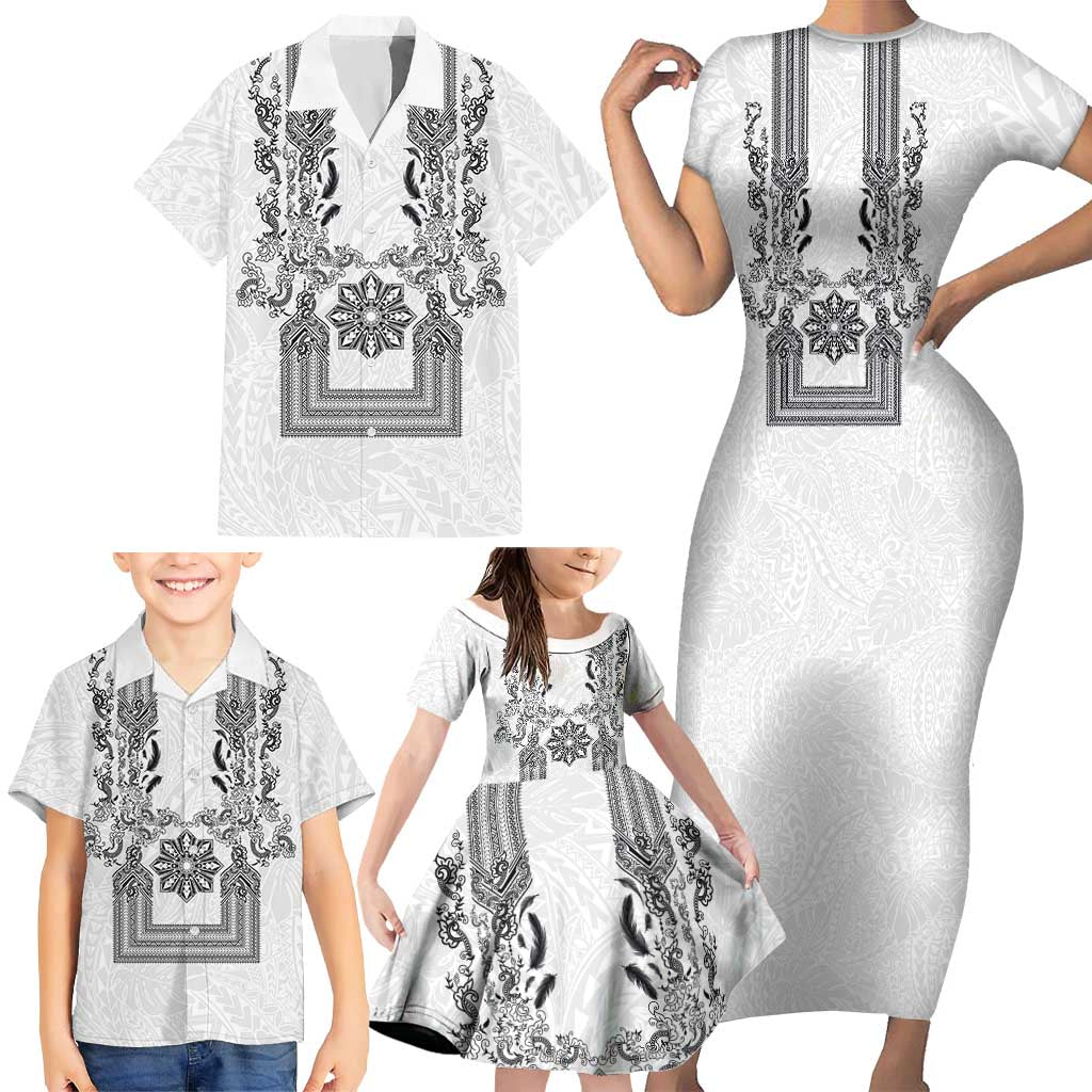 Philippines Barong Style Family Matching Short Sleeve Bodycon Dress and Hawaiian Shirt with Polynesian Art and Leaf Motif Black-White Color