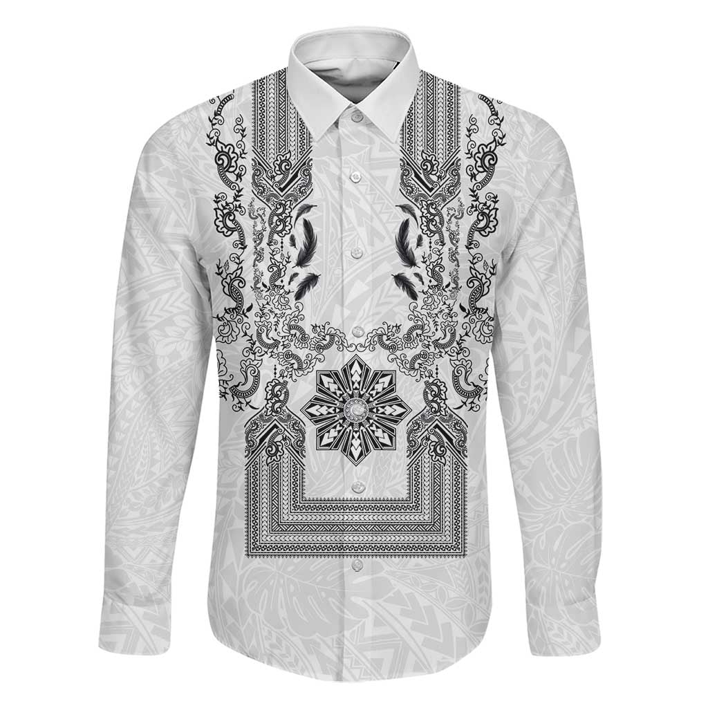 Philippines Barong Style Family Matching Short Sleeve Bodycon Dress and Hawaiian Shirt with Polynesian Art and Leaf Motif Black-White Color