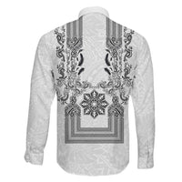 Philippines Barong Style Family Matching Short Sleeve Bodycon Dress and Hawaiian Shirt with Polynesian Art and Leaf Motif Black-White Color