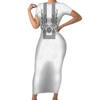 Philippines Barong Style Family Matching Short Sleeve Bodycon Dress and Hawaiian Shirt with Polynesian Art and Leaf Motif Black-White Color