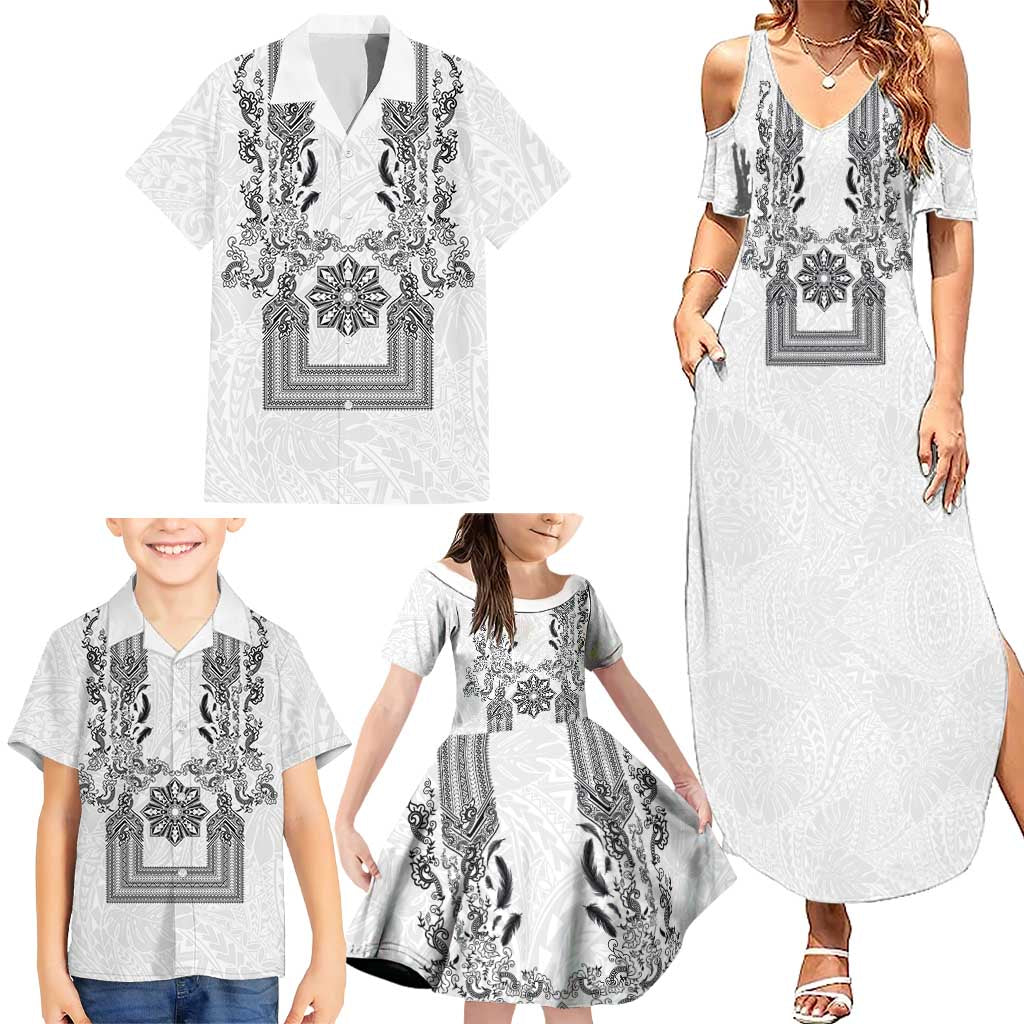 Philippines Barong Style Family Matching Summer Maxi Dress and Hawaiian Shirt with Polynesian Art and Leaf Motif Black-White Color