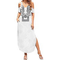 Philippines Barong Style Family Matching Summer Maxi Dress and Hawaiian Shirt with Polynesian Art and Leaf Motif Black-White Color