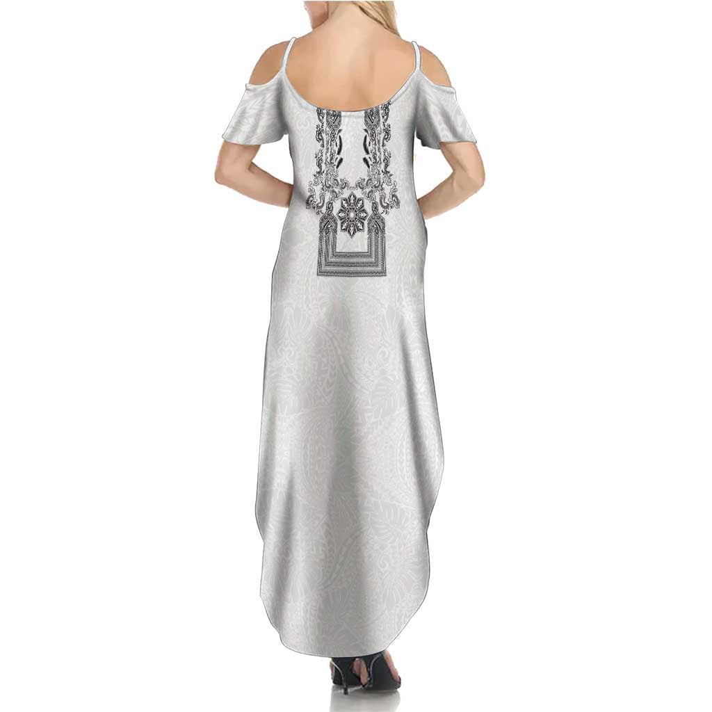 Philippines Barong Style Family Matching Summer Maxi Dress and Hawaiian Shirt with Polynesian Art and Leaf Motif Black-White Color