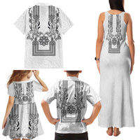 Philippines Barong Style Family Matching Tank Maxi Dress and Hawaiian Shirt with Polynesian Art and Leaf Motif Black-White Color