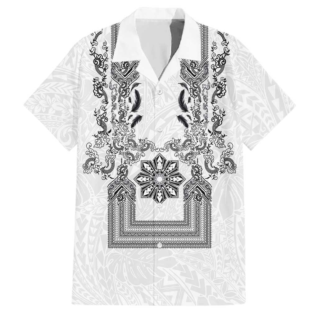 Philippines Barong Style Family Matching Tank Maxi Dress and Hawaiian Shirt with Polynesian Art and Leaf Motif Black-White Color