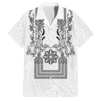 Philippines Barong Style Family Matching Tank Maxi Dress and Hawaiian Shirt with Polynesian Art and Leaf Motif Black-White Color