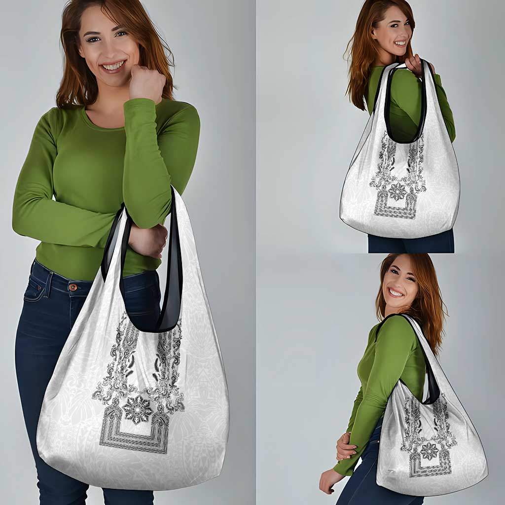 Philippines Barong Style Grocery Bag with Polynesian Art and Leaf Motif Black-White Color