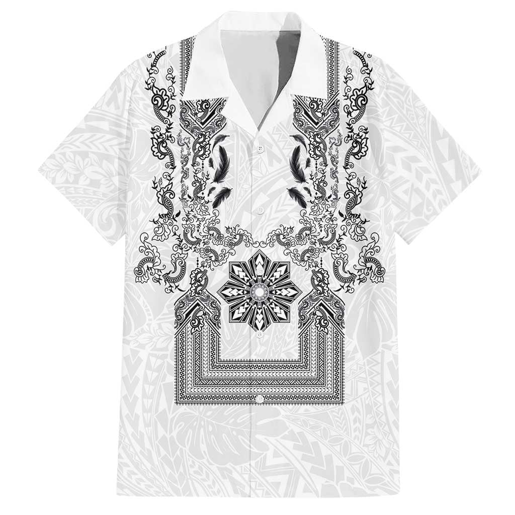 Philippines Barong Style Hawaiian Shirt with Polynesian Art and Leaf Motif Black-White Color
