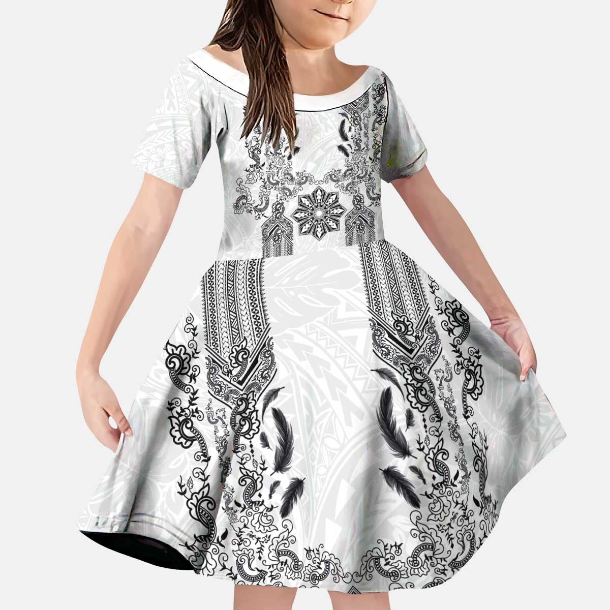 Philippines Barong Style Kid Short Sleeve Dress with Polynesian Art and Leaf Motif Black-White Color