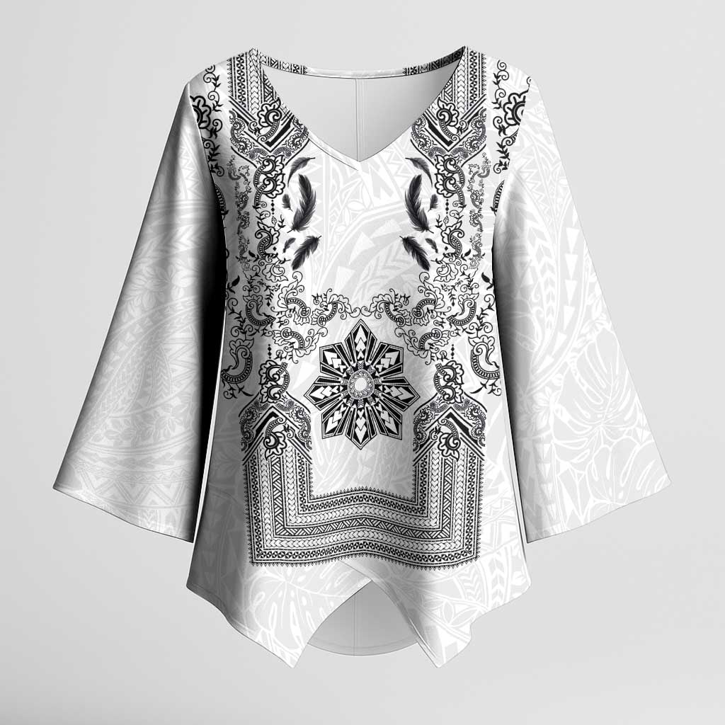 Philippines Barong Style Kimono Sleeve Blouse with Polynesian Art and Leaf Motif Black-White Color LT03 Female White - Polynesian Pride
