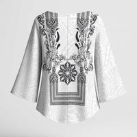 Philippines Barong Style Kimono Sleeve Blouse with Polynesian Art and Leaf Motif Black-White Color LT03 - Polynesian Pride