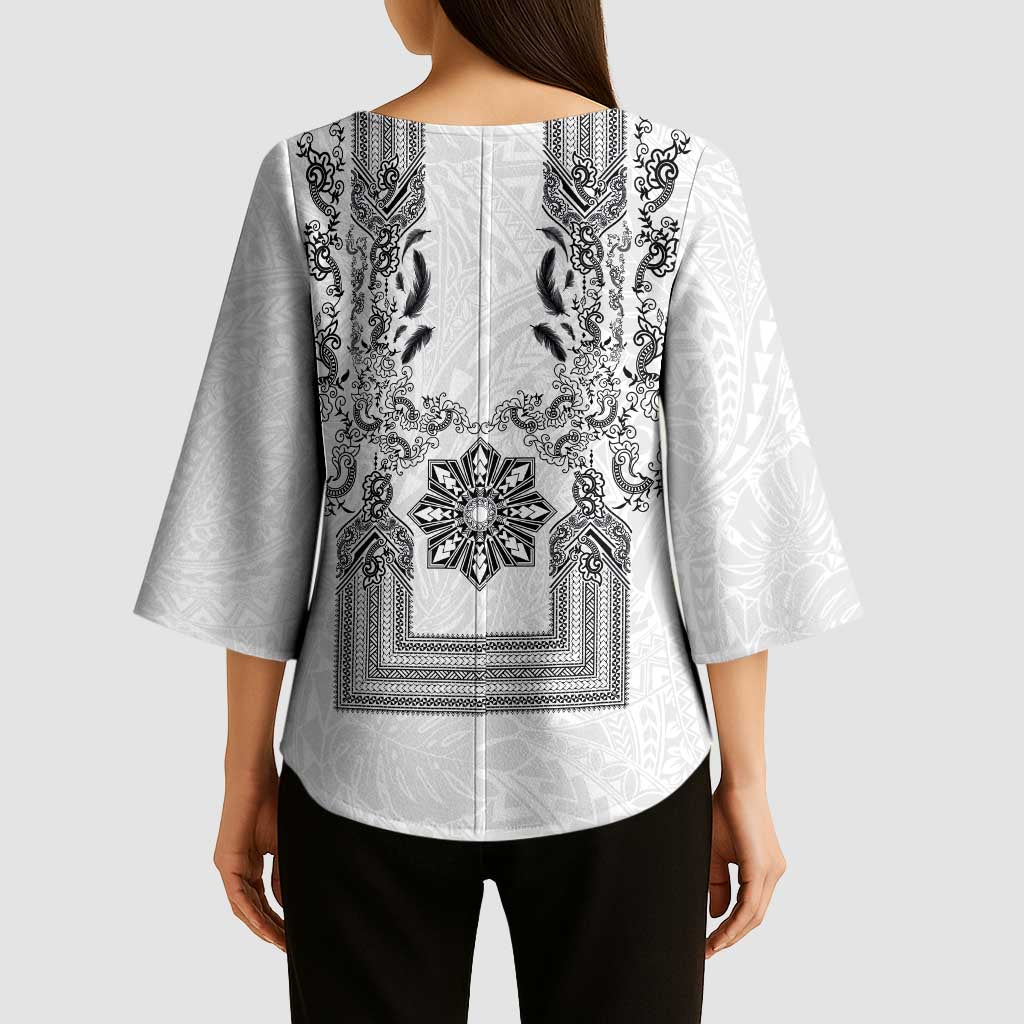 Philippines Barong Style Kimono Sleeve Blouse with Polynesian Art and Leaf Motif Black-White Color LT03 - Polynesian Pride