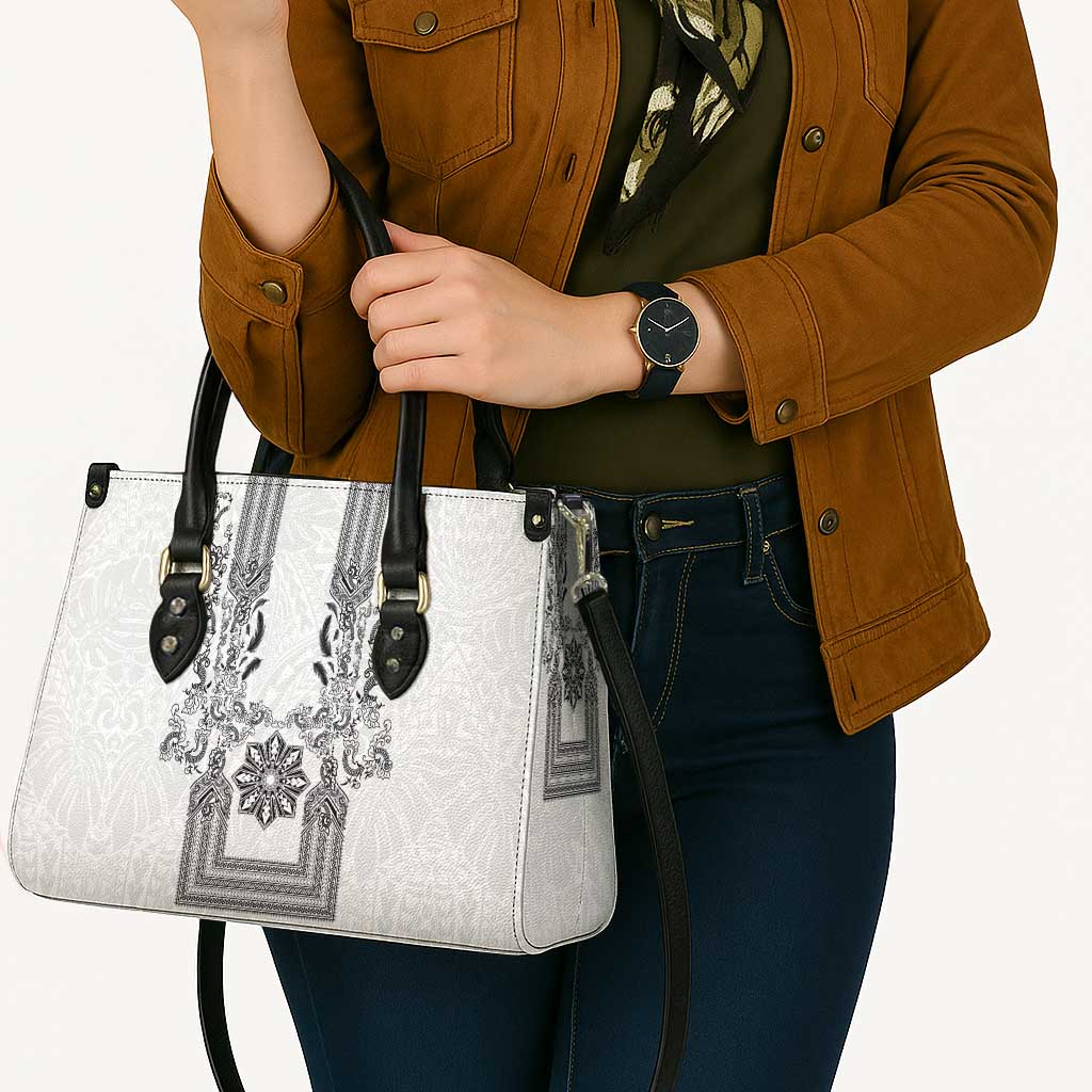 Philippines Barong Style Leather Bag with Polynesian Art and Leaf Motif Black-White Color