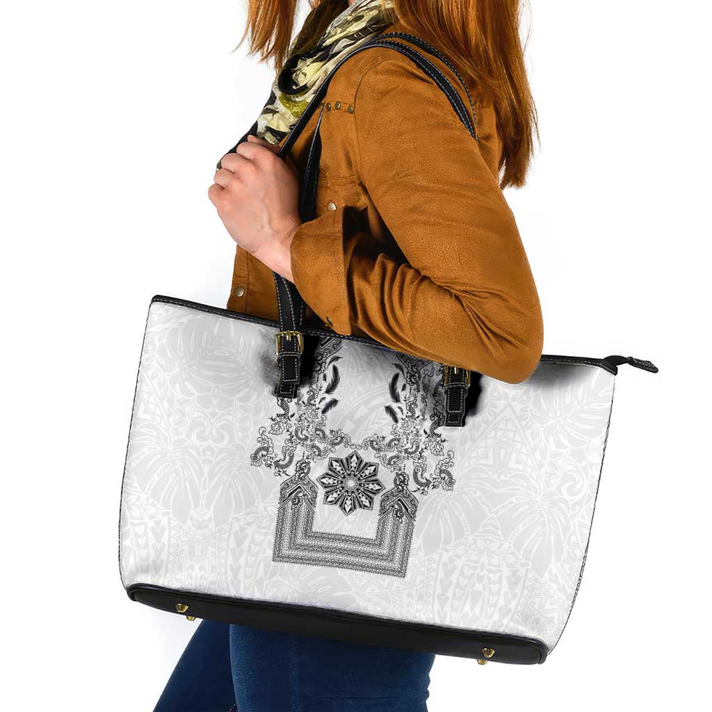 Philippines Barong Style Leather Tote Bag with Polynesian Art and Leaf Motif Black-White Color