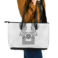 Philippines Barong Style Leather Tote Bag with Polynesian Art and Leaf Motif Black-White Color