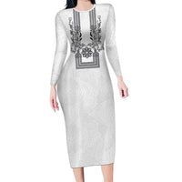 Philippines Barong Style Long Sleeve Bodycon Dress with Polynesian Art and Leaf Motif Black-White Color