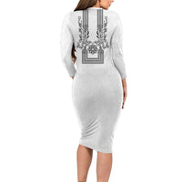 Philippines Barong Style Long Sleeve Bodycon Dress with Polynesian Art and Leaf Motif Black-White Color