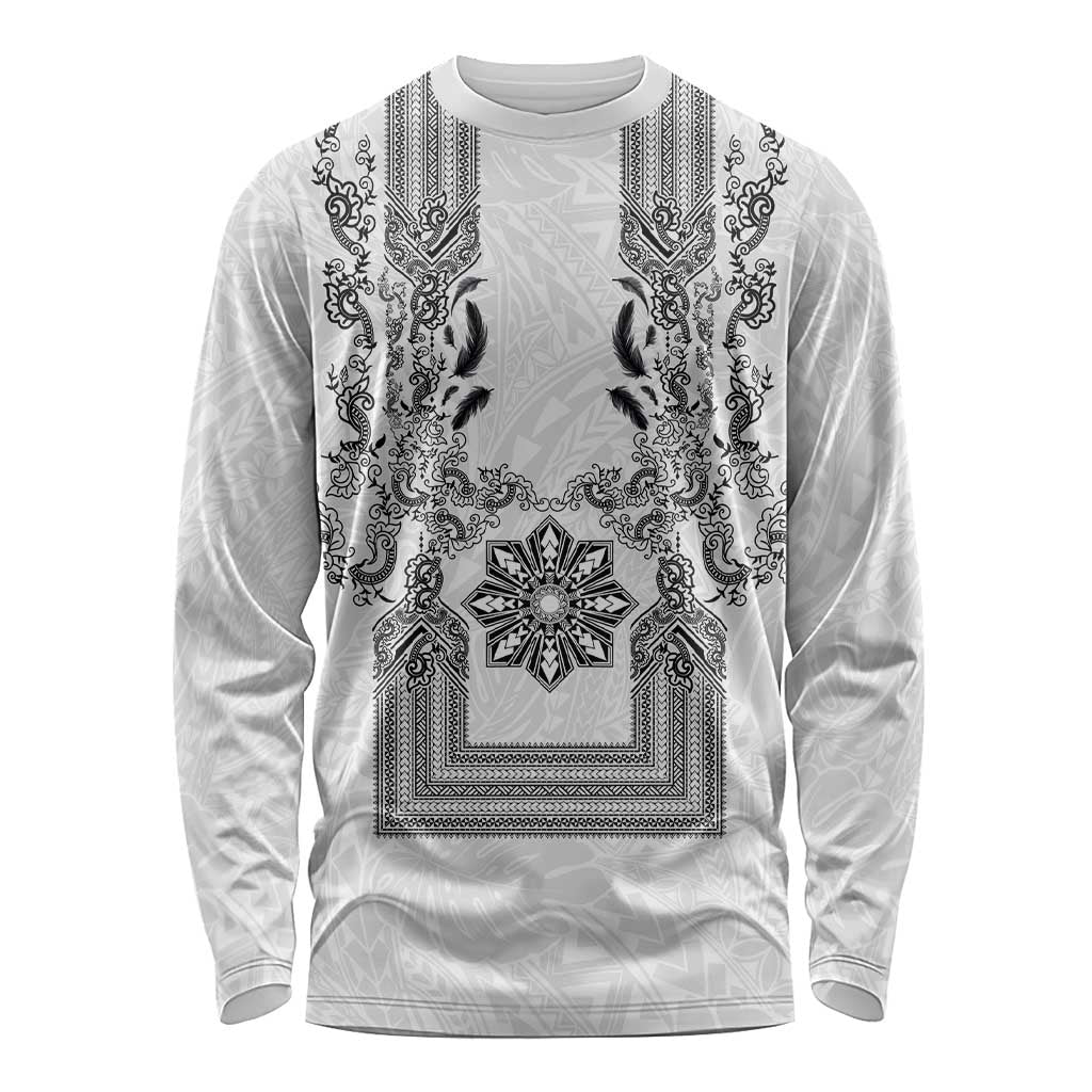 Philippines Barong Style Long Sleeve Shirt with Polynesian Art and Leaf Motif Black-White Color