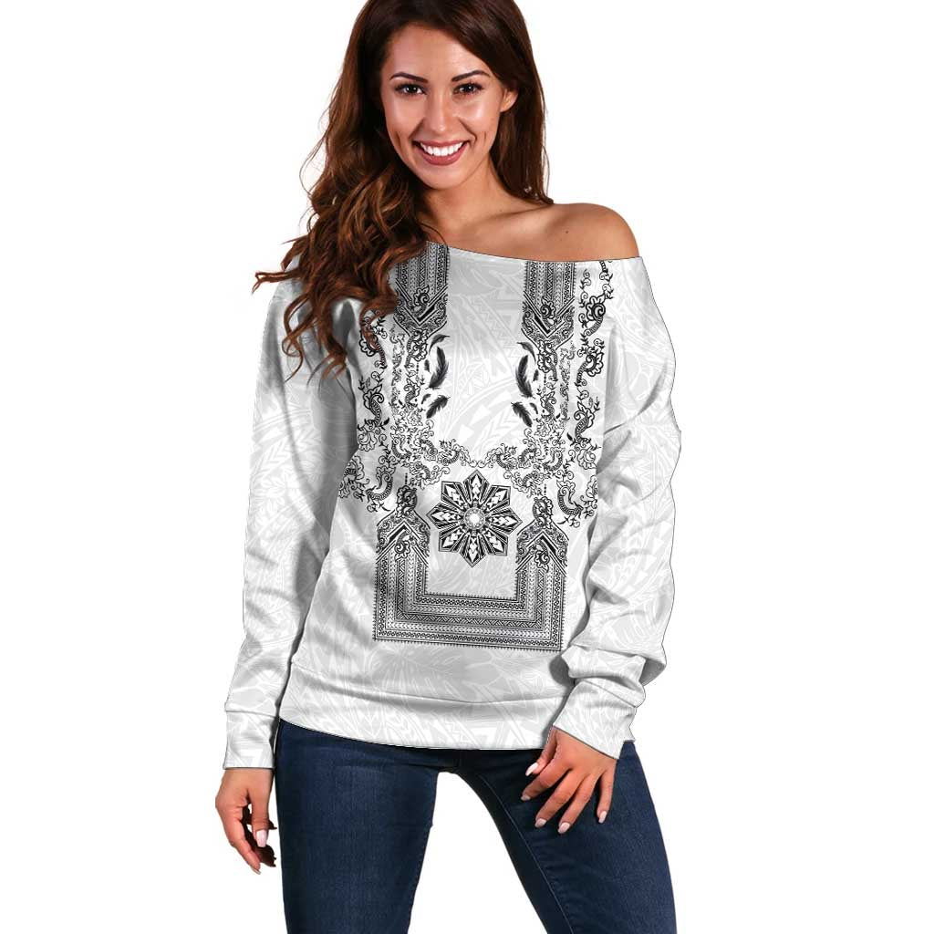 Philippines Barong Style Off Shoulder Sweater with Polynesian Art and Leaf Motif Black-White Color