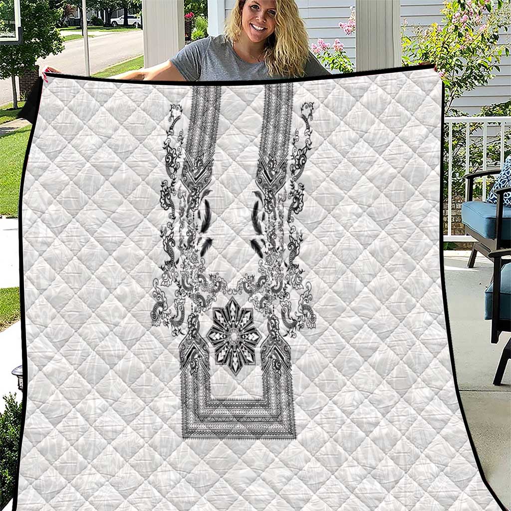 Philippines Barong Style Quilt with Polynesian Art and Leaf Motif Black-White Color LT03 White - Polynesian Pride