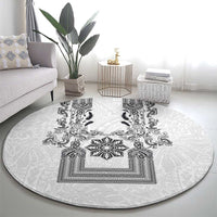Philippines Barong Style Round Carpet with Polynesian Art and Leaf Motif Black-White Color