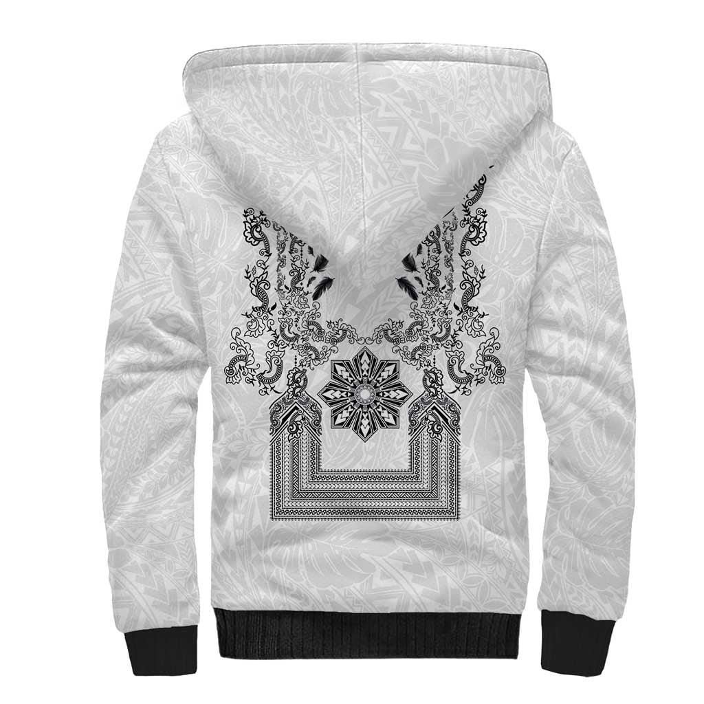 Philippines Barong Style Sherpa Hoodie with Polynesian Art and Leaf Motif Black-White Color