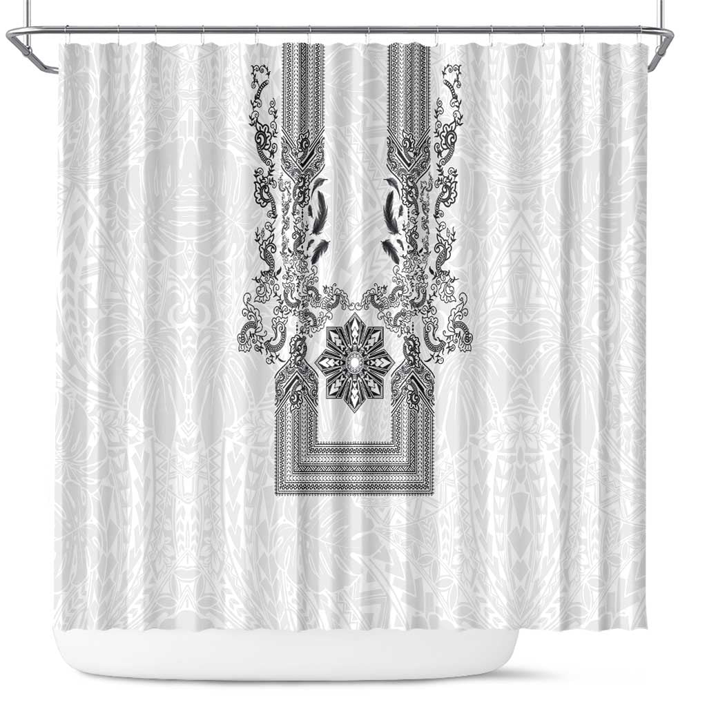 Philippines Barong Style Shower Curtain with Polynesian Art and Leaf Motif Black-White Color LT03 White - Polynesian Pride