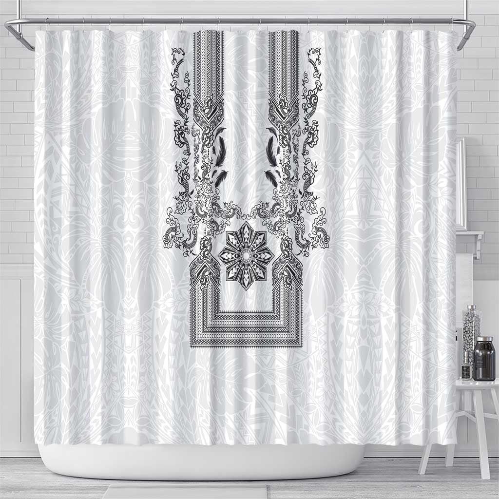 Philippines Barong Style Shower Curtain with Polynesian Art and Leaf Motif Black-White Color LT03 - Polynesian Pride